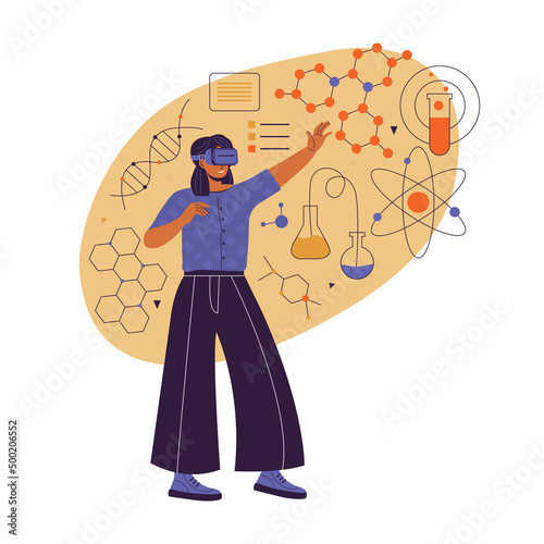 Metaverse Digital virtual reality. Female scientist conducts scientific research in in virtual reality using VR headset and futuristic glasses. Break The Science Bias. Flat vector illustration.