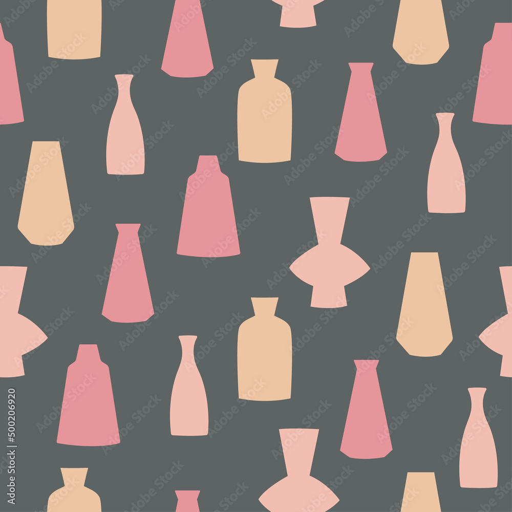 Seamless pattern of hand drawn vases. Clay pottery in pink colors on grey background Seamless pattern of hand drawn vases. Clay pottery in pink colors on grey background