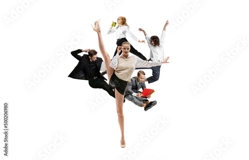 Young office workers jumping and dancing in busness style clothes or suit with folders and gadgets on white background. Creative collage.