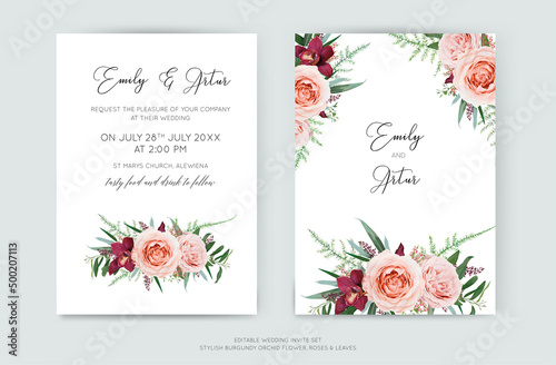Elegant floral wedding invite, invitation, save the date card vector template design. Blush pink peach rose flowers, burgundy orchid, tropical leaves, greenery branches bouquet watercolor illustration © Alewiena