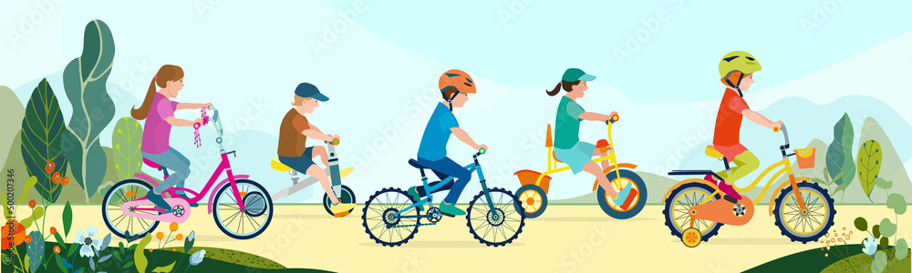 Set of flat happy kids on bicycles on a park road with flowers and leaves. Children riding colorful bikes outdoor sport in natural summer landscape by pathway track through green. Vector illustration. Set of flat happy kids on bicycles on a park road with flowers and leaves. Children riding colorful bikes outdoor sport in natural summer landscape by pathway track through green. Vector illustration.