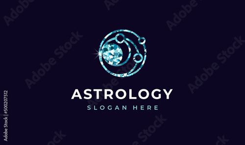 Astrology Logo blue glittering, creative modern concept design premium. Orbits planets in round icon for logo IT, concept design from space exploration, astronomy. Vector illustration