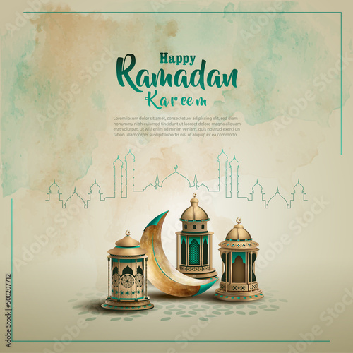islamic greetings ramadan kareem card design with lanterns and crescent