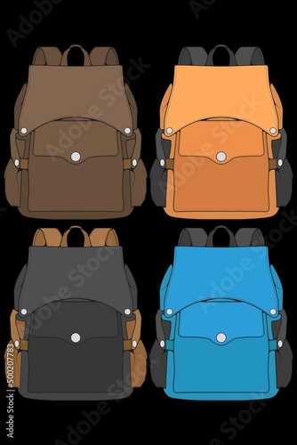 Set of vector Colorful Backpacks. Backpacks for schoolchildren, students, travellers and tourists. Back to School rucksack flat vector illustrations isolated on white.
