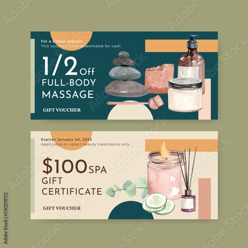 Voucher template with spa therapy concept,watercolor style