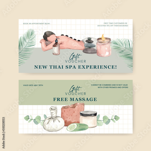 Voucher template with spa therapy concept,watercolor style