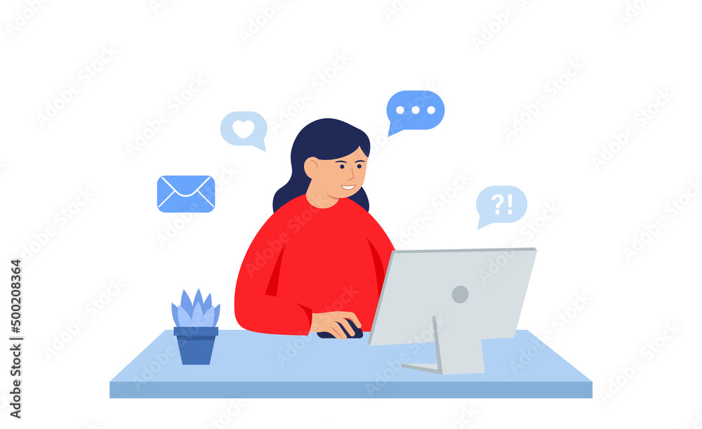 Woman with computer, studying or working concept. Table with books, lamp, coffee cup. Vector illustration in flat style