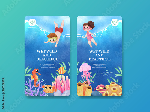 Instagram template with explore ocean world concept,watercolor style