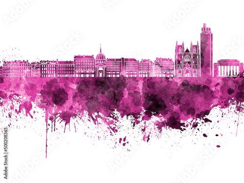 Nantes skyline in pink watercolor on white background