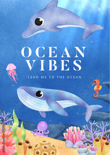 Poster template with explore ocean world concept,watercolor style