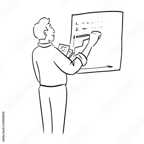 Hand drawn cartoon vector illustration of business man writing something  on the board. EPS 10