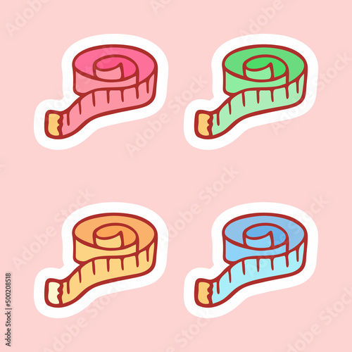 Cute hand-drawn set of centimeter tape in doodle cartoon style. Round composition in neutral candy colors. Kawaii element for card, social media banner, sticker, kids playroom decor. Vector