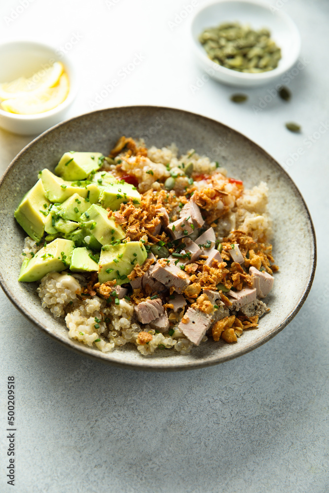 Homemade poke bowl with chicken