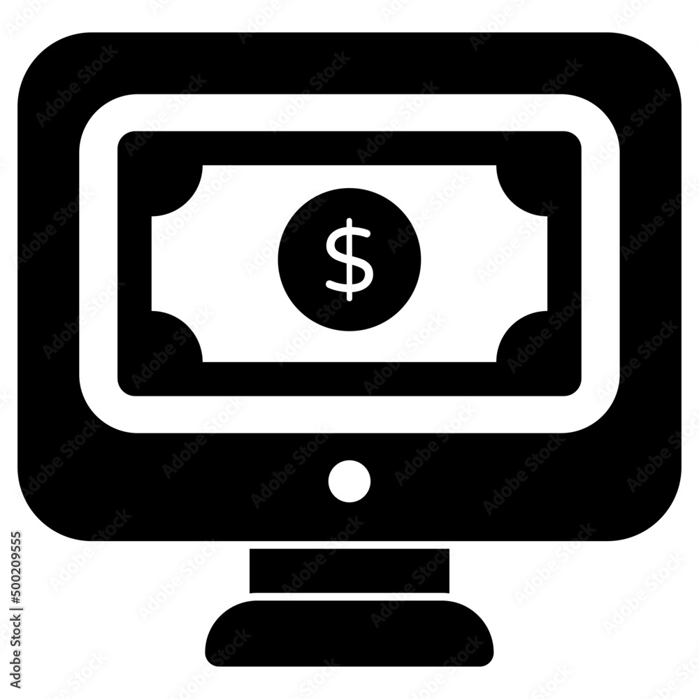 Banknote inside monitor, concept of online money icon