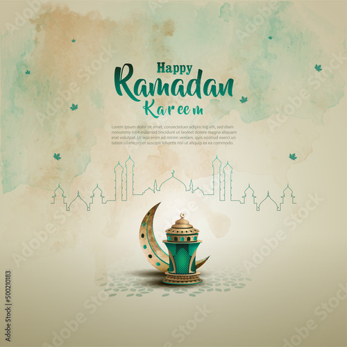 islamic greetings ramadan kareem card design with crescent moon and lantern