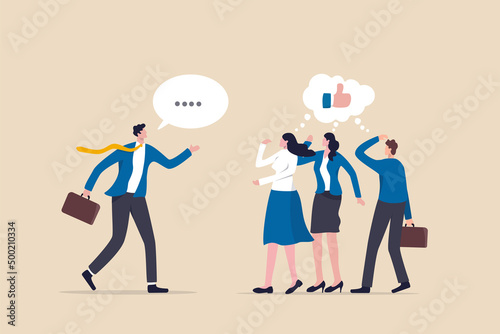 Convincing people persuade to believe in idea, influence or communicate reason in meeting argument, charm or leadership concept, businessman convincing colleagues influence to believe in his idea. photo