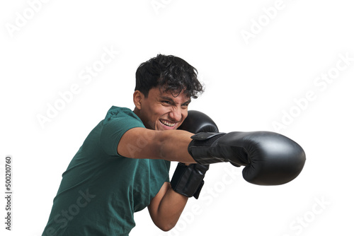 Young peruvian boxer throwing a right straight isolated.