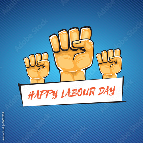 Happy labour day vector label with strong orange fist isolated on blue background. vector happy labor day background with man hand. red workers may day poster