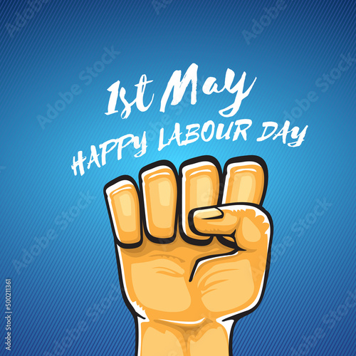 Happy labour day vector label with strong orange fist isolated on blue background. vector happy labor day background with man hand. red workers may day poster