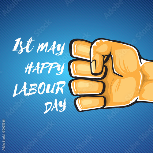 Happy labour day vector label with strong orange fist isolated on blue background. vector happy labor day background with man hand. red workers may day poster