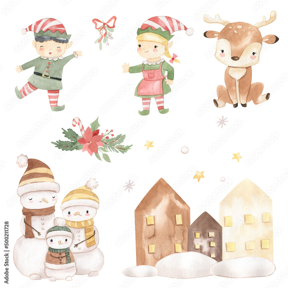 Fototapeta premium Christmas elves, deer, snowmen, houses, poinsettia. Watercolor cute illustration