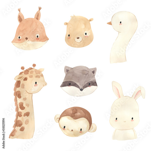 Canvas Print Watercolor squirrel, goose, raccoon, lioness, giraffe, monkey, hare