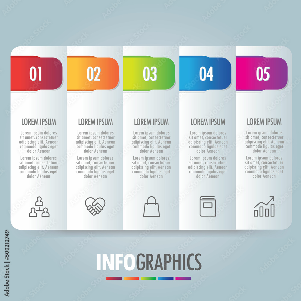 Colorful Infographic Illustration Template Five Set Options Numbered Process Marketing Icons Business Presentation Layout For Banners Web Design Colorful Infographic Illustration Template Five Set Options Numbered Process Marketing Icons Business Presentation Layout For Banners Web Design