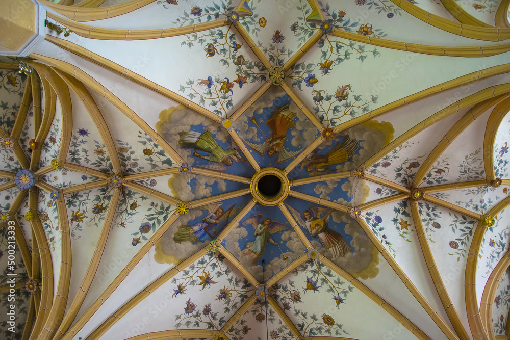 Vaulted painted ceiling of the cathedral in Radovlica, Slovenia