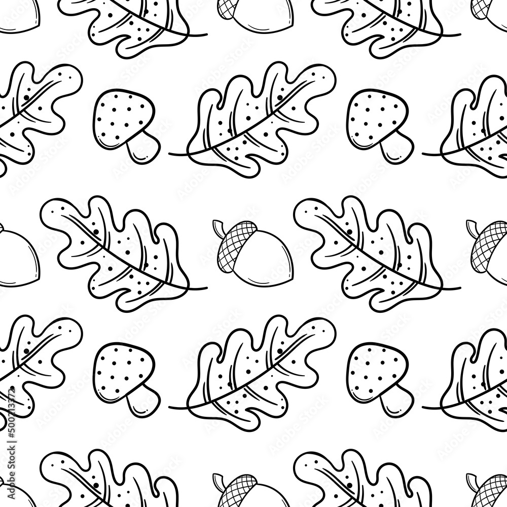 hand drawn seamless pattern of leaves, mushrooms and acorns on autumn theme, on white background hand drawn seamless pattern of leaves, mushrooms and acorns on autumn theme, on white background