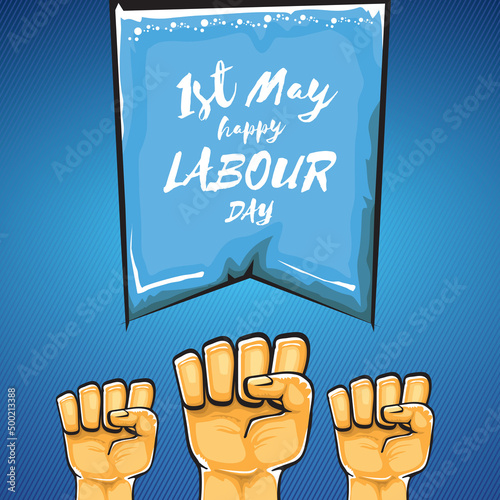 Happy labour day vector label with strong orange fist isolated on blue background. vector happy labor day background with man hand. red workers may day poster