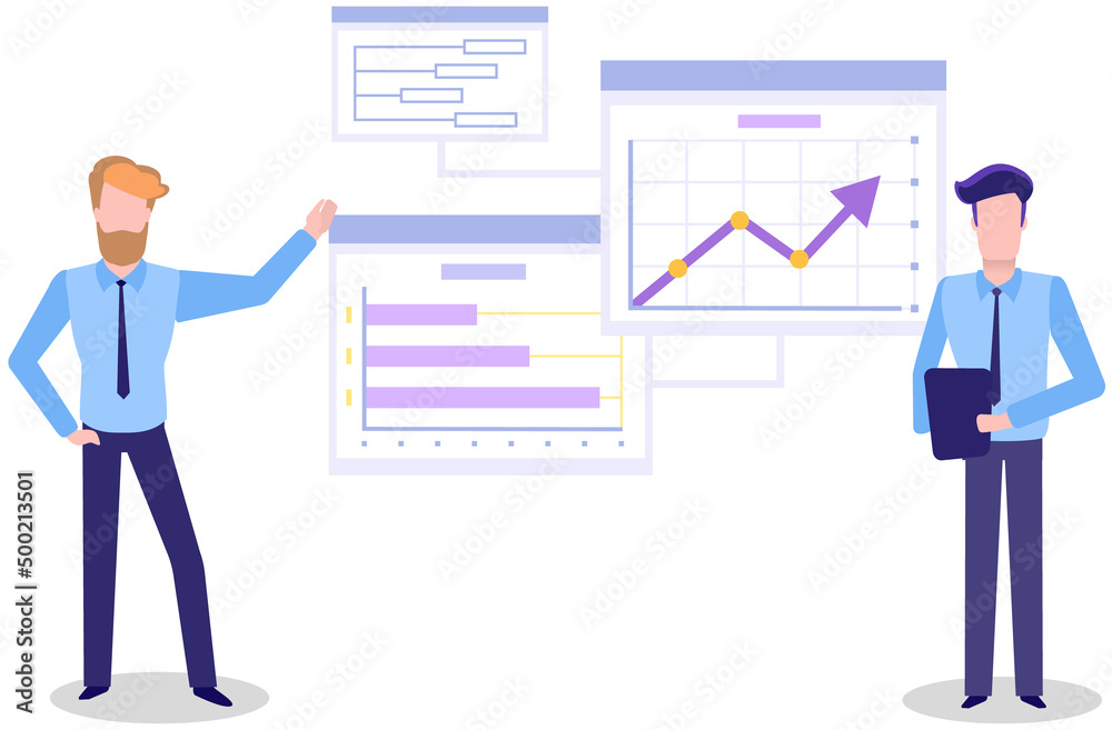 Visualize with business analytics. People work with statistical data analysis, changing indicators. Employees analyze statistical indicators, business data. Characters work with marketing research Visualize with business analytics. People work with statistical data analysis, changing indicators. Employees analyze statistical indicators, business data. Characters work with marketing research