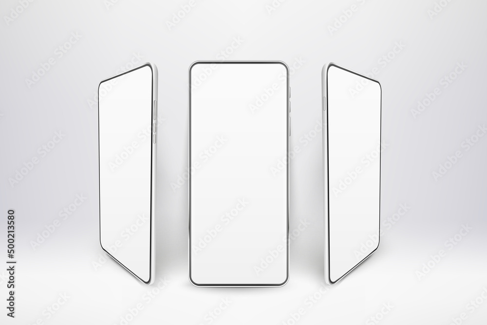 White realistic smartphones mockup. 3d mobile phones with blank white screen. Modern cell phones template on white background. Illustration of device 3d screen White realistic smartphones mockup. 3d mobile phones with blank white screen. Modern cell phones template on white background. Illustration of device 3d screen