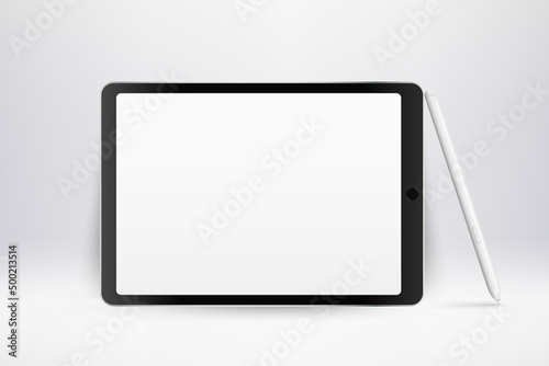 Realistic tablet mockup. 3d device with pen and blank white screen. Modern framed tablet template. Illustration of device 3d screen