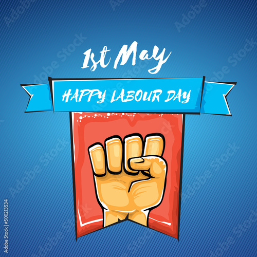 Happy labour day vector label with strong orange fist isolated on blue background. vector happy labor day background with man hand. red workers may day poster