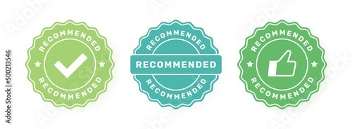 Recommended badge set. Label design with check mark and thumbs up. Good choice recommendation. Vector illustration photo