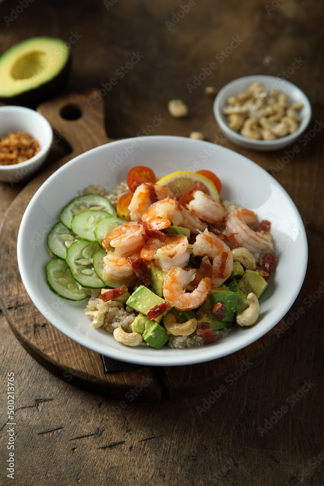 Homemade poke bowl with shrimps Homemade poke bowl with shrimps