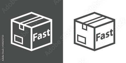 Logo envio urgente. Icono plano caja de cartón 3d en perspectiva con texto Fast con lineas en fondo gris y fondo blanco
