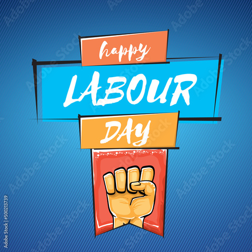 Happy labour day vector label with strong orange fist isolated on blue background. vector happy labor day background with man hand. red workers may day poster