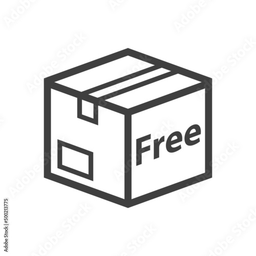 Logo envio gratis. Icono plano caja de cartón 3d en perspectiva con texto Free con lineas en color gris