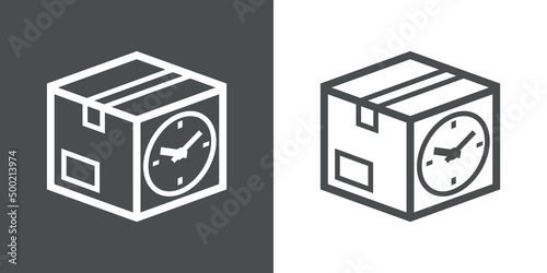 Logo envio urgente. Icono plano caja de cartón 3d en perspectiva con esfera de reloj simple con lineas en fondo gris y fondo blanco