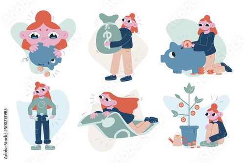 Set vector flat cartoon illustrations. The girl carries a bag of money, shakes the piggy bank with coins, empty pockets