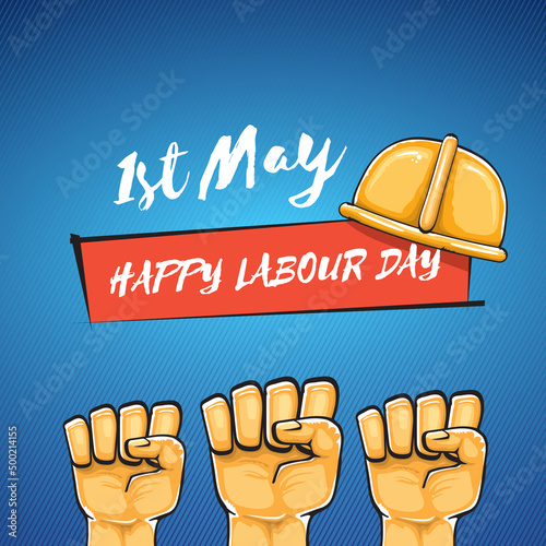 Happy labour day vector label with strong orange fist isolated on blue background. vector happy labor day background with man hand. red workers may day poster