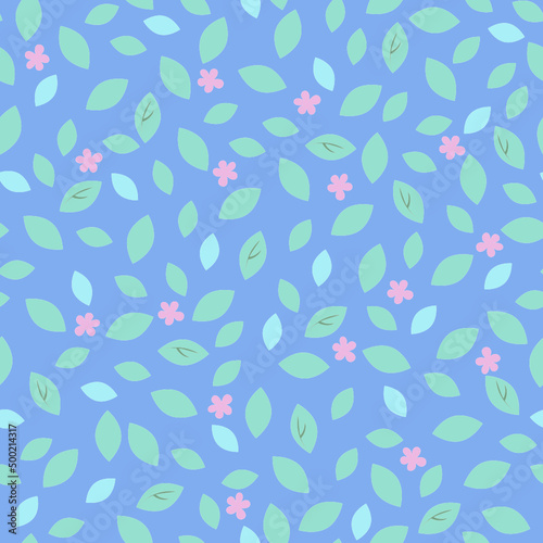 Simple seamless spring floral pattern on a blue background.