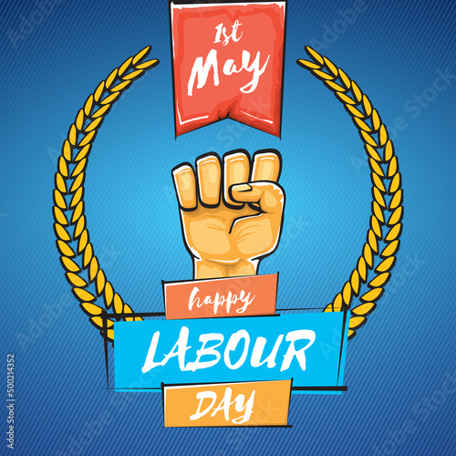Happy labour day vector label with strong orange fist isolated on blue background. vector happy labor day background with man hand. red workers may day poster