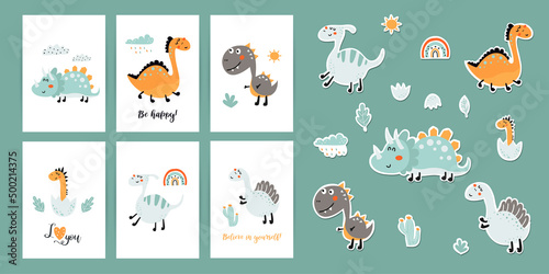 Set of posters with motivational phrases, stickers with cute dinosaurs