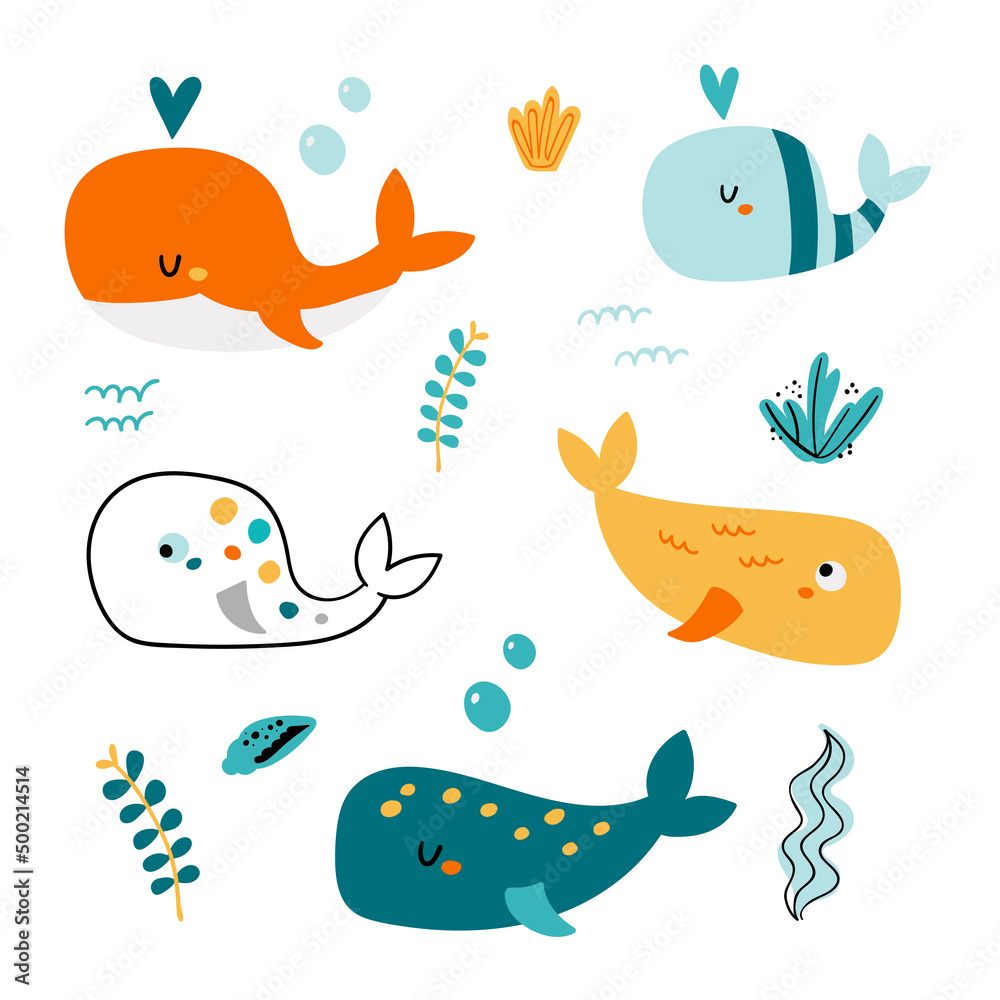 Fototapeta premium Set of cute whales.
