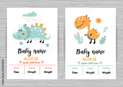 Baby shower invitation templates with cute dinosaurs. Date of birth, height, weight.