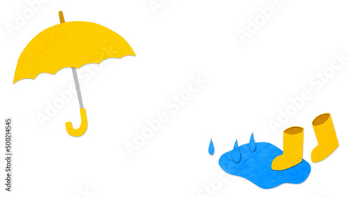 黄色い傘と長靴の背景。ペーパークラフト
