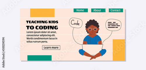 Landing page template with a child learning to code. Vector illustration, website, homepage