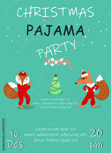 Christmas pajama party invitation vector template, two funny foxes in red pajamas, sleep mask, Christmas tree, air balloons, children's birthday party.